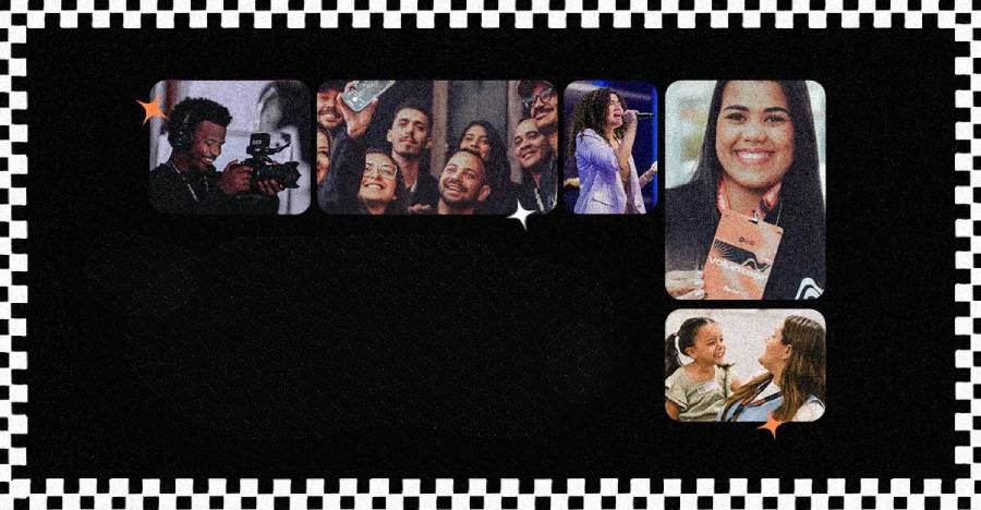 Colagem com diferentes momentos de voluntariado na igreja, incluindo mídia, louvor e cuidado com pessoas, celebrando o Dia do voluntário.