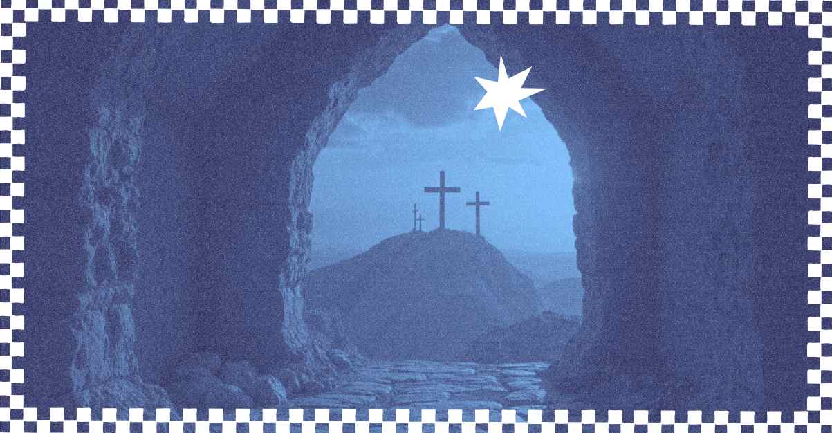 Vista de três cruzes ao amanhecer através de uma caverna, representando o significado da ressurreição na Páscoa na igreja.